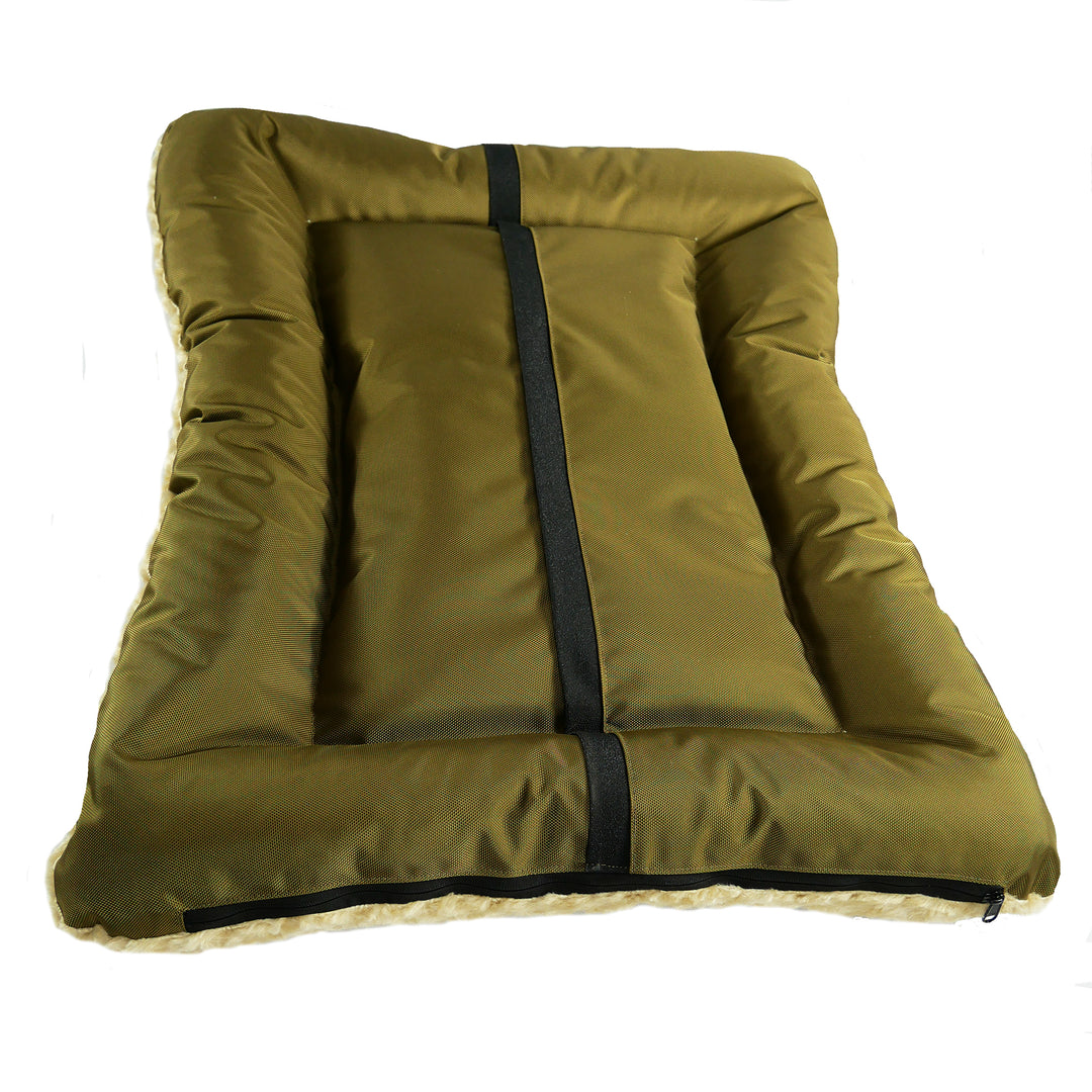Bottom of camel colored rectangled dog bed with black strip