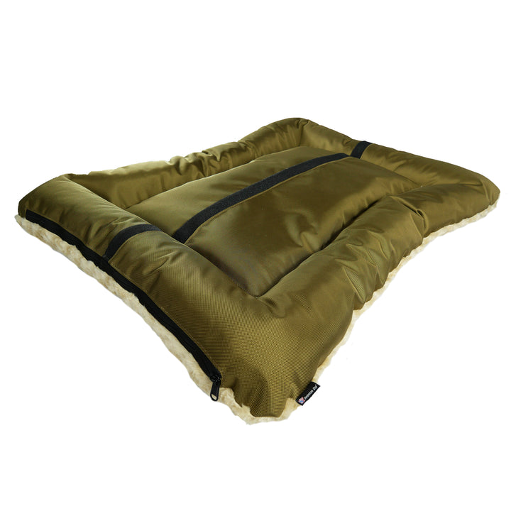 Bottom of camel colored rectangled dog bed with black strip