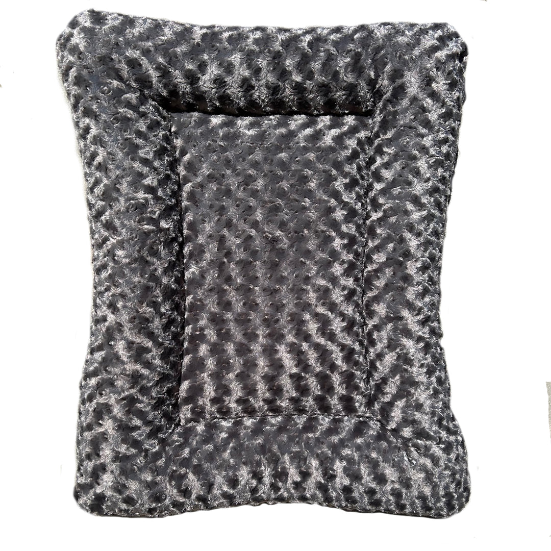 Top view of a rectangle charcoal colored fleece dog bed 