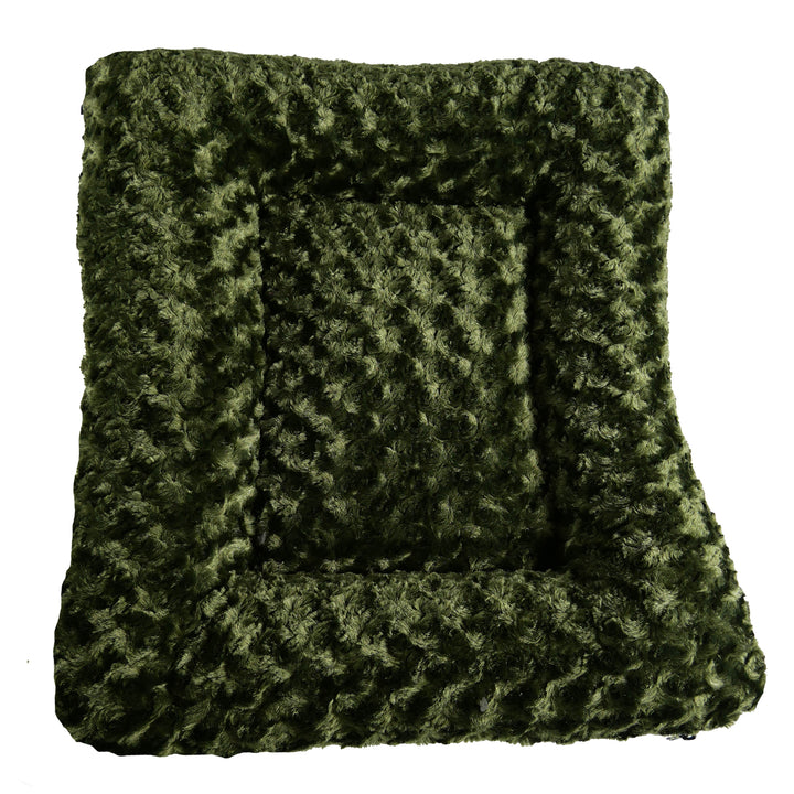 Top view of a rectangle olive colored fleece dog bed 