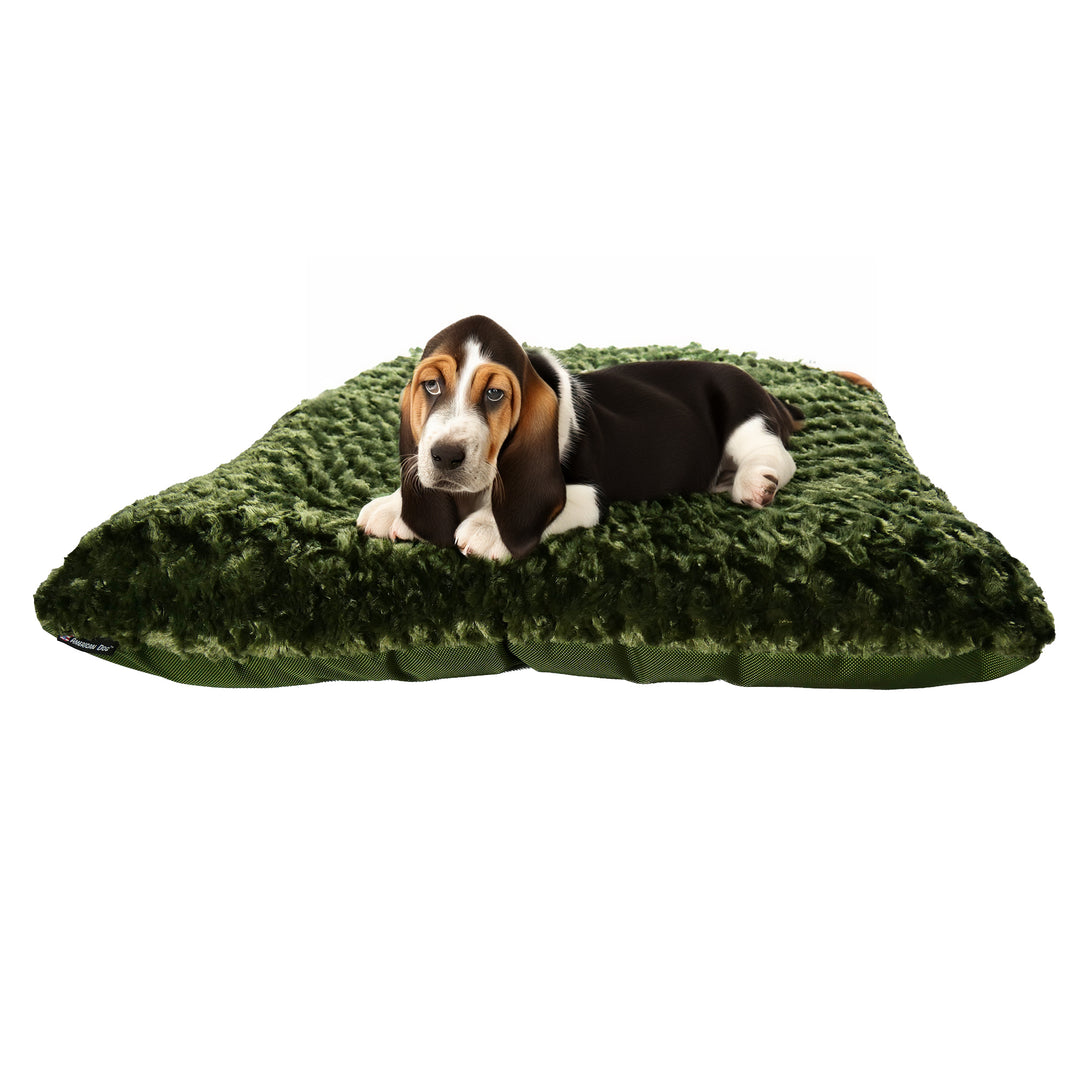 Rectangle olive colored fleece dog bed with a Beagle puppy