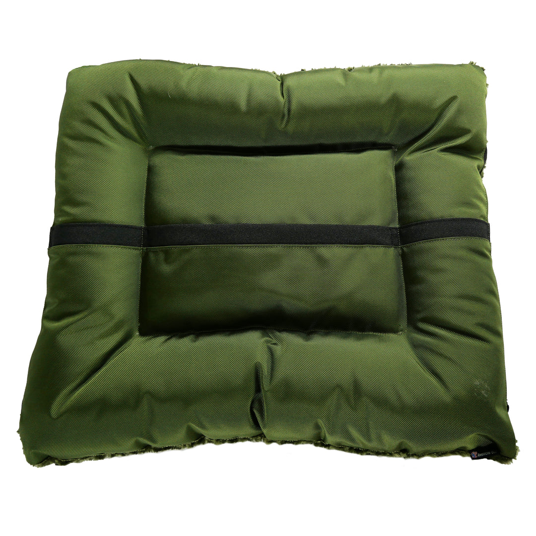Bottom of rectangle olive colored  dog bed with black strip