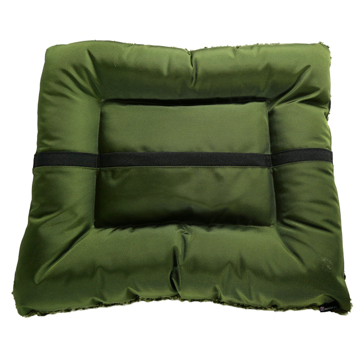 Bottom of rectangle olive colored  dog bed with black strip