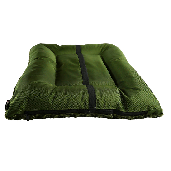 Bottom of rectangle olive colored dog bed with black strip 