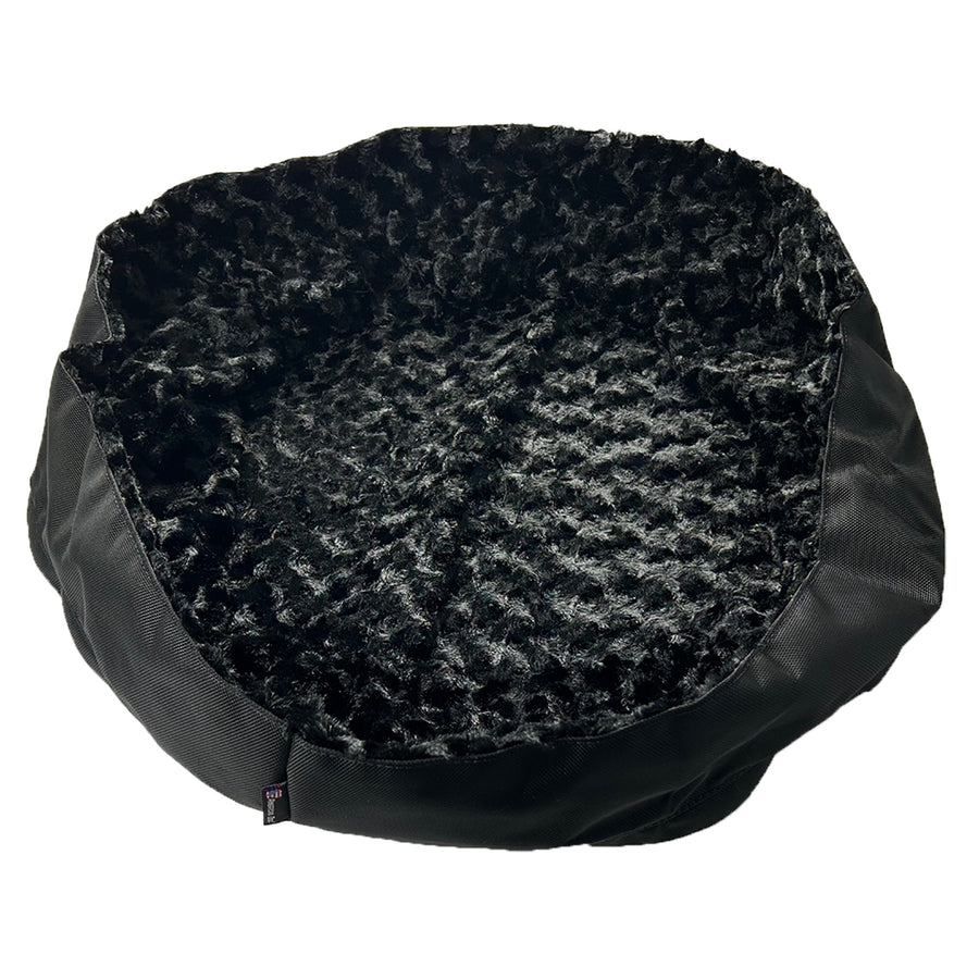 Round blostered fuzzy dog bed cover black
