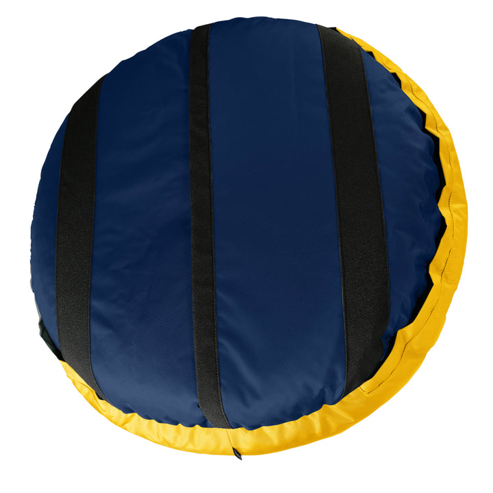 Bottom of navy round dog bed with black stirps and a yellow band