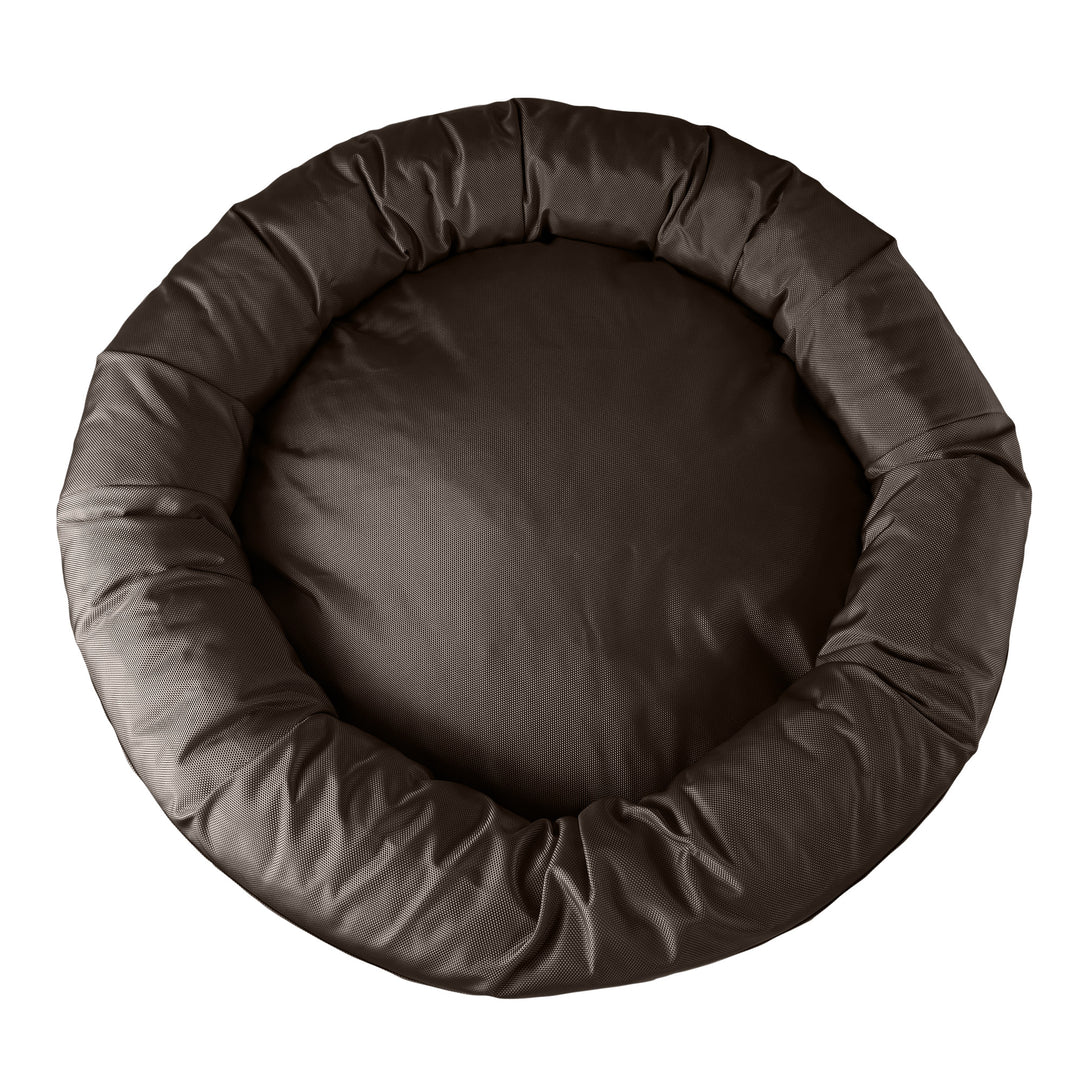 Top view of brown round bolstered dog bed.