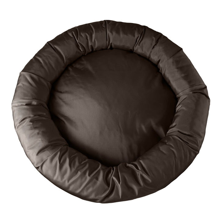Top view of brown round bolstered dog bed.