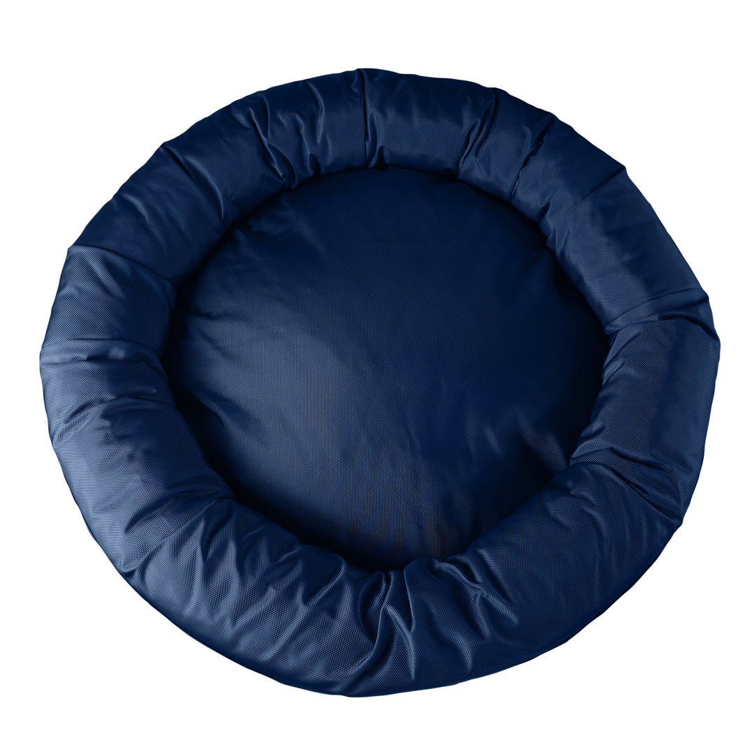 Top view pf a navy round bolstered dog bed 