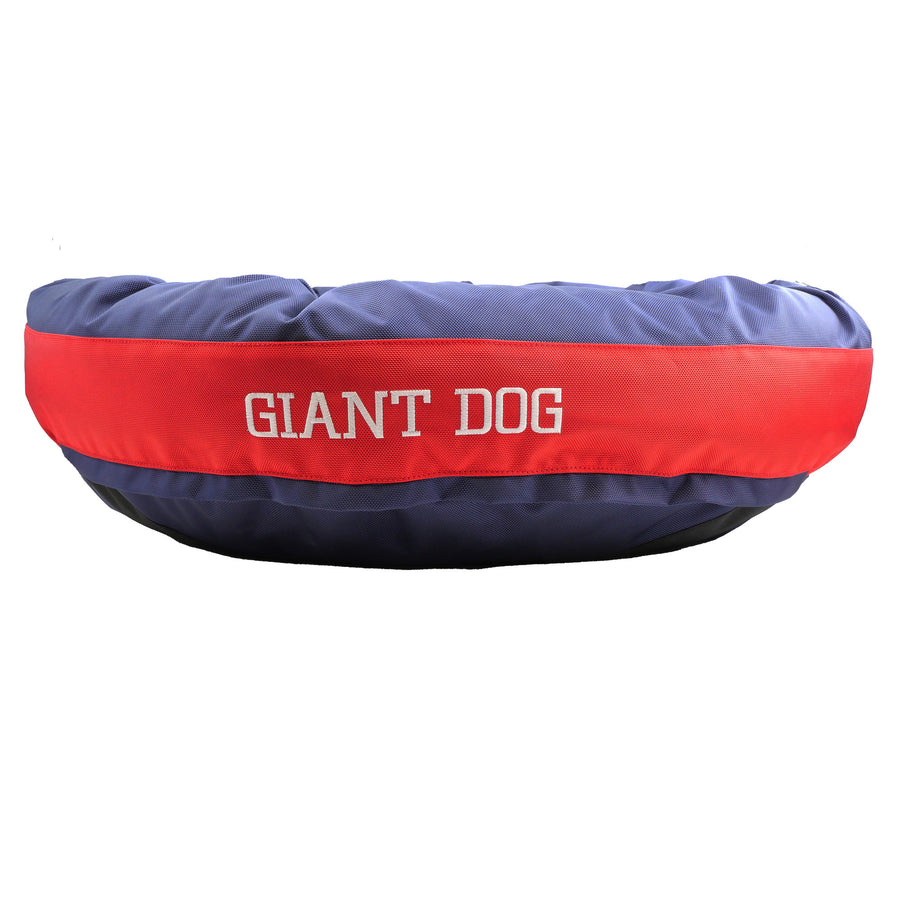 Blue dog bed with red strip with embroider 'Giant Dog'