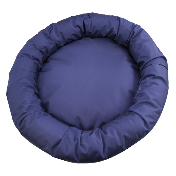 Top view of navy round bolstered dog bed.