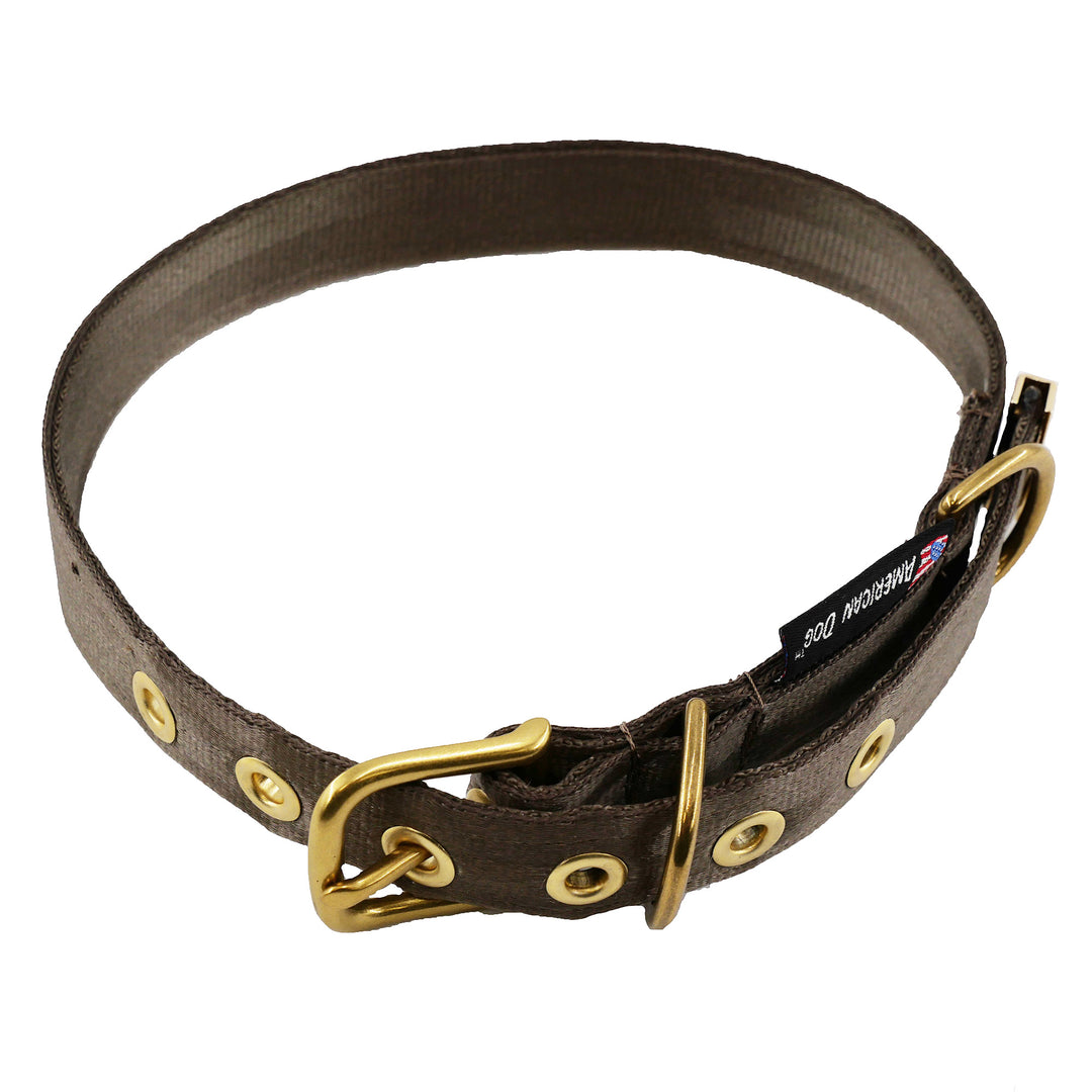 Coyote colored seatbelt dog collar with brass hardware