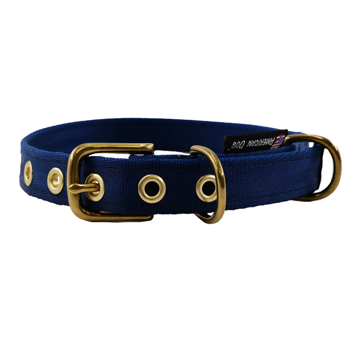 Navy colored seatbelt dog collar with brass hardware