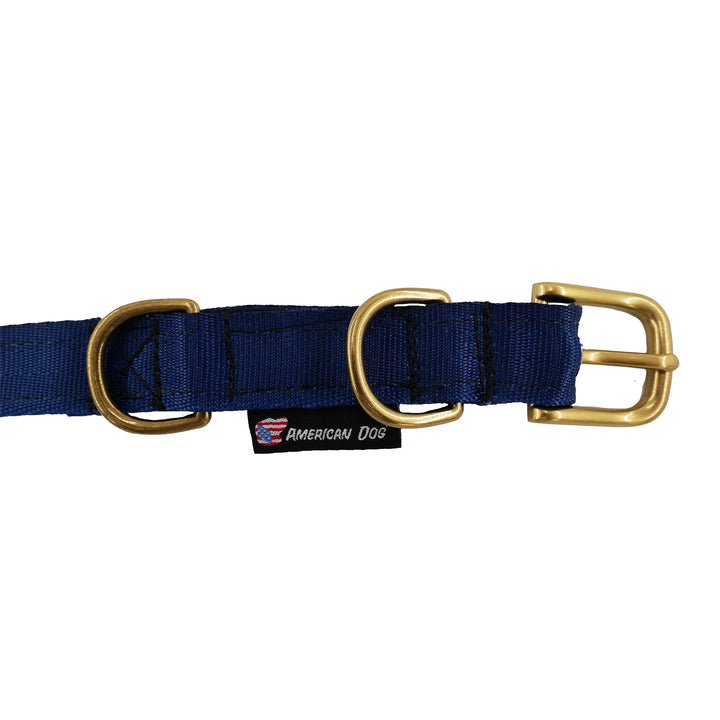 Navy colored seatbelt dog collar with brass hardware