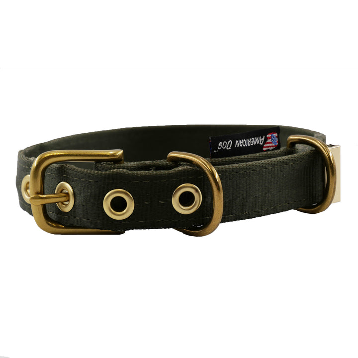 Olive colored seatbelt dog collar with brass hardware