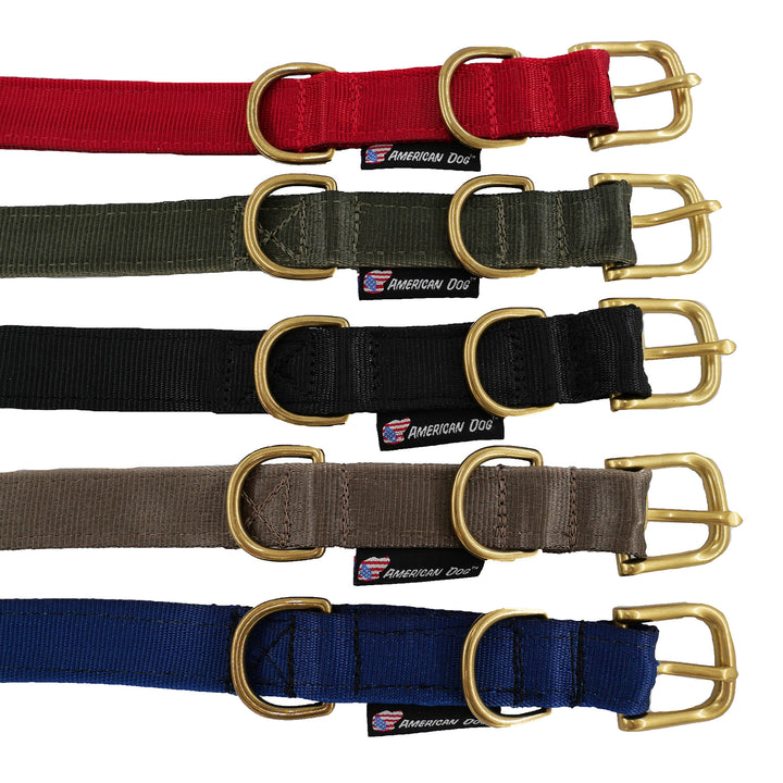 Close up on red, olive, black, coyote & navy seatbelt dog collars with brass hardware