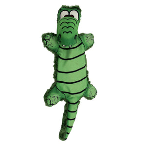 A plush green alligator dog toy with a friendly face and textured body.