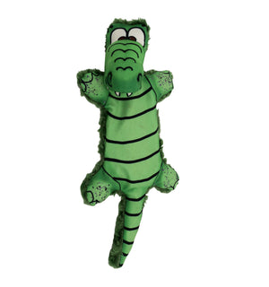 A plush green alligator dog toy with a friendly face and textured body.