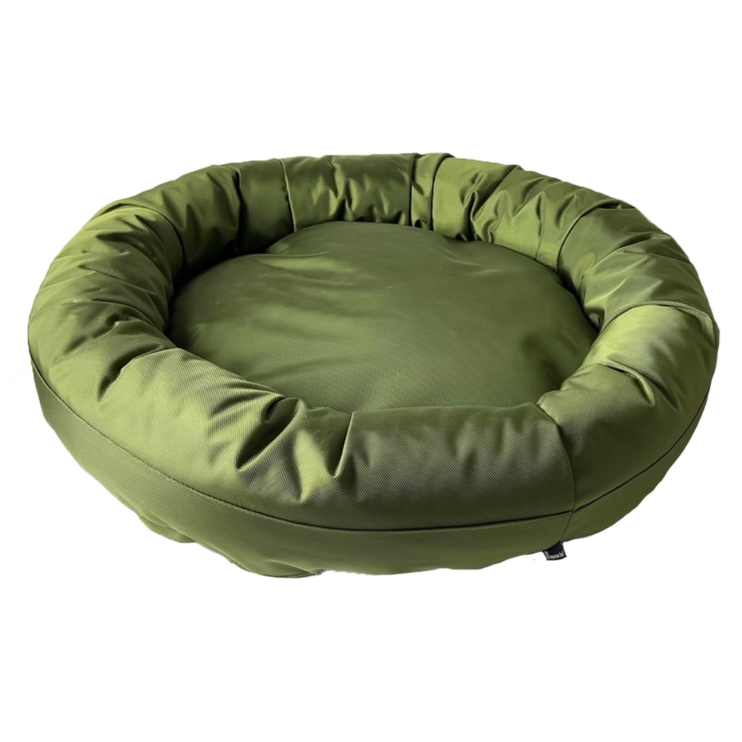 Round olive bolster bed top view
