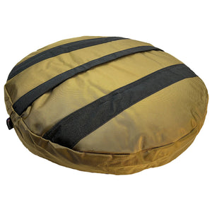 Round camel colored dog bed back side  with grip strips