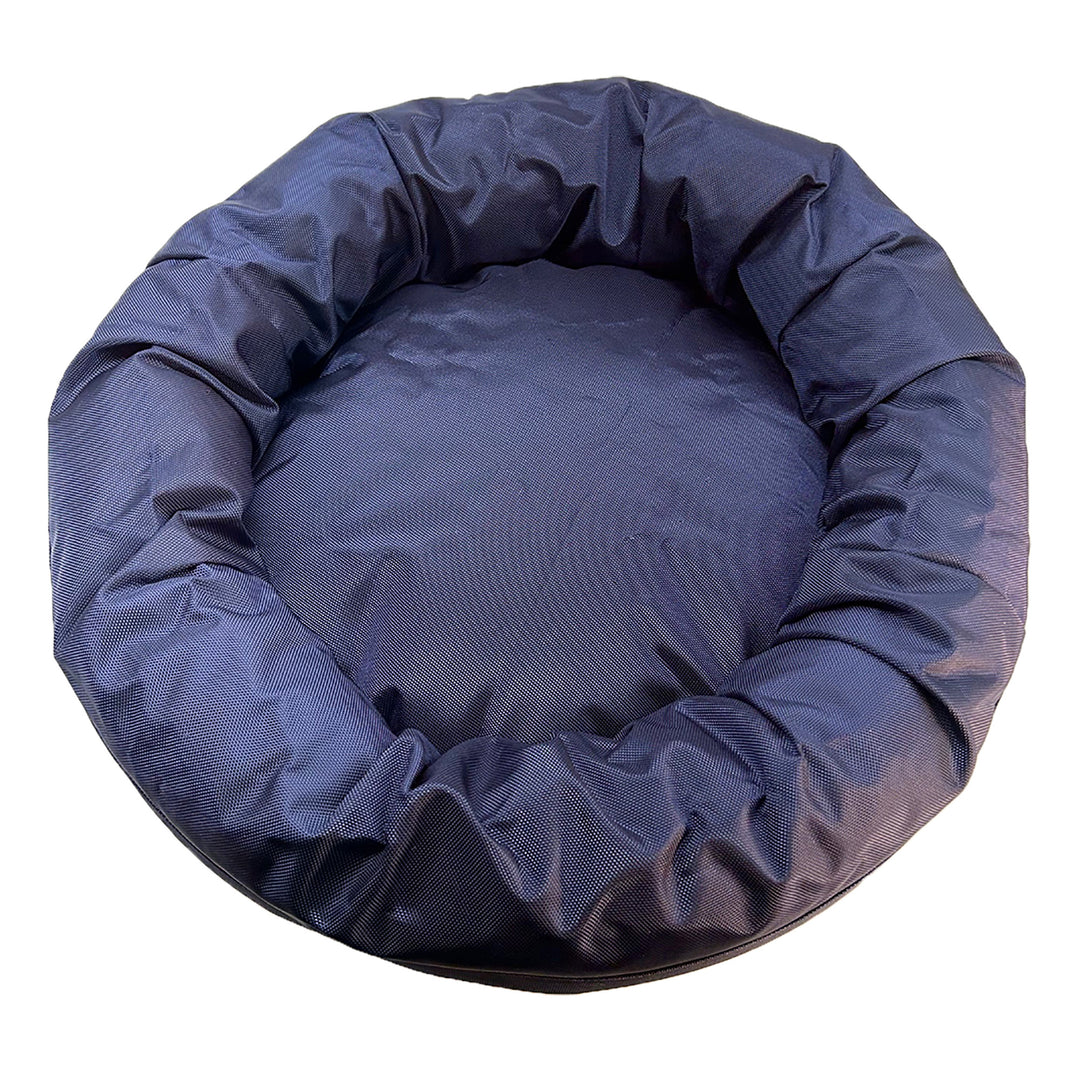 Round navy bolster bed top view