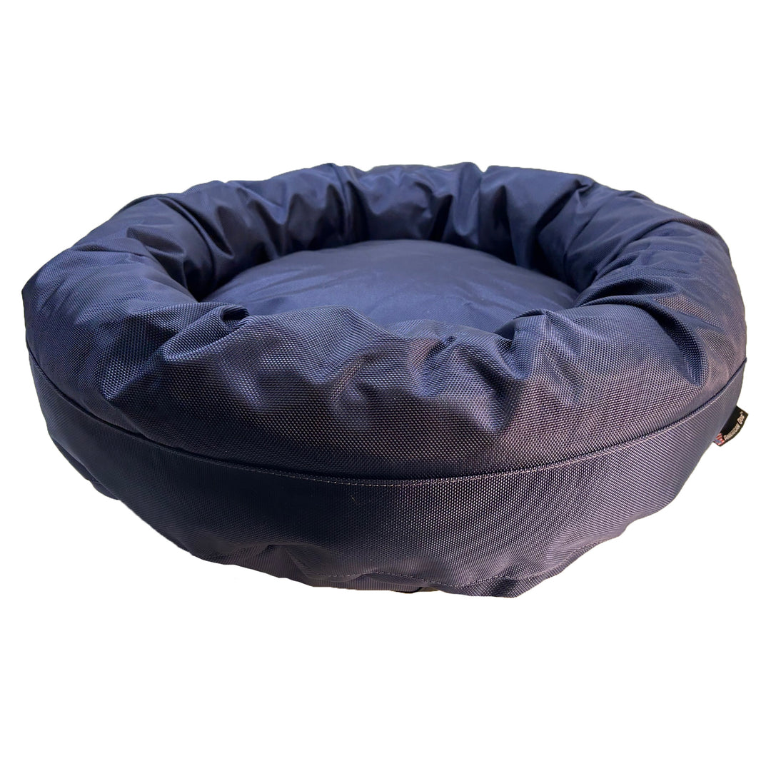 Round navy bolster bed front view