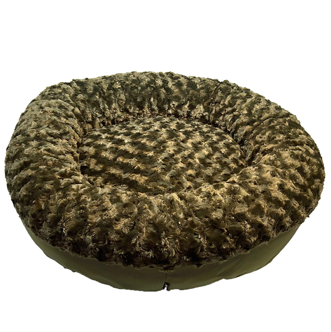  an olive colored round bolstered dog bed with a white background