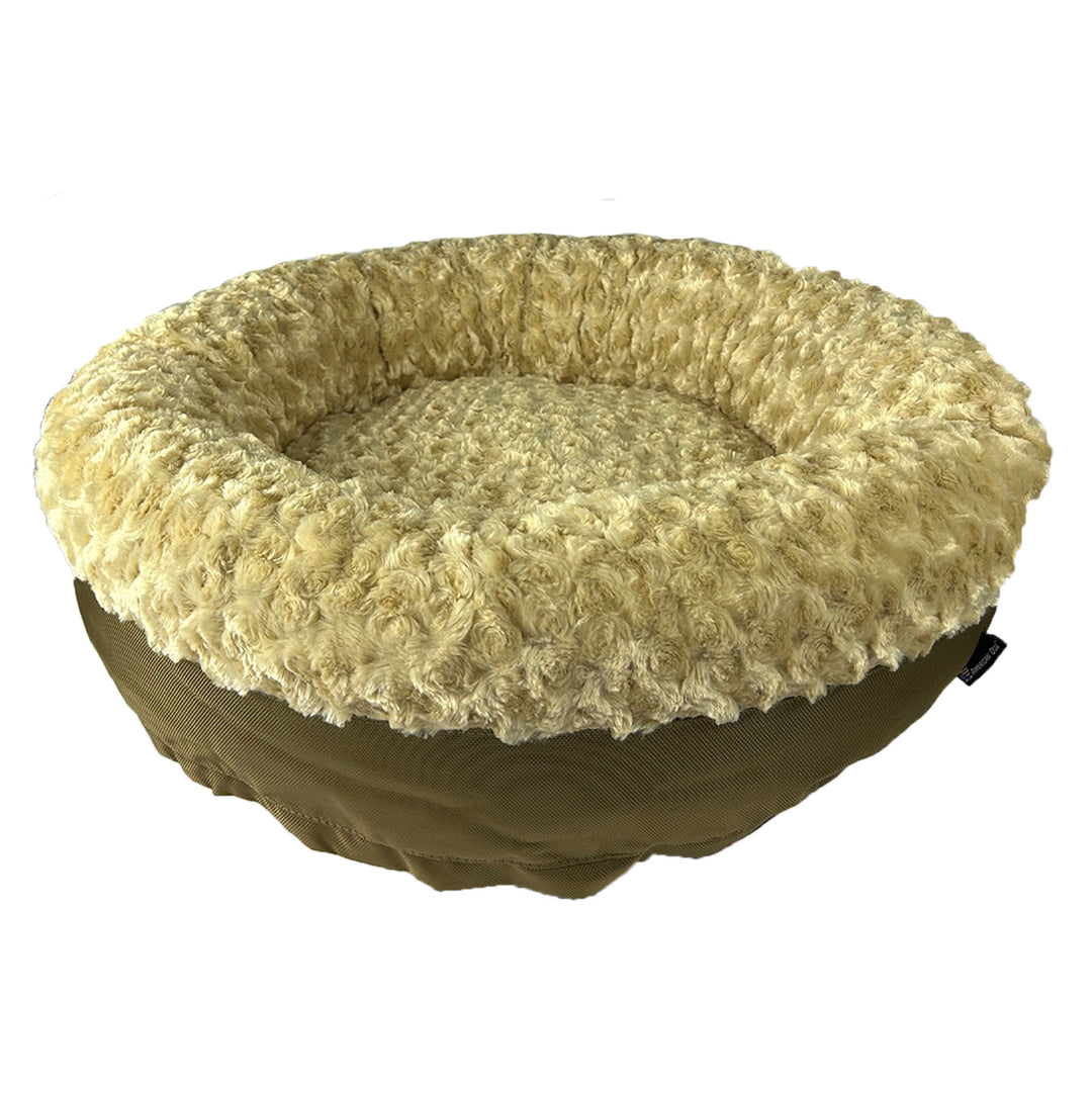 Round fuzzy camel  bolster bed front view