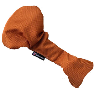 Golden brown turkey leg shaped dog toy that stretches