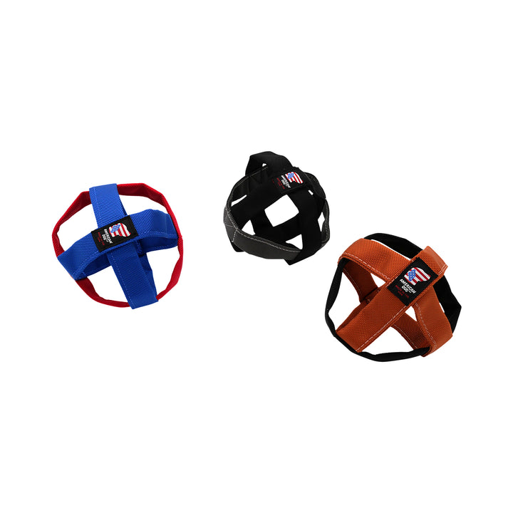 3 ballistic balls red/blue, black/gray and rust/black