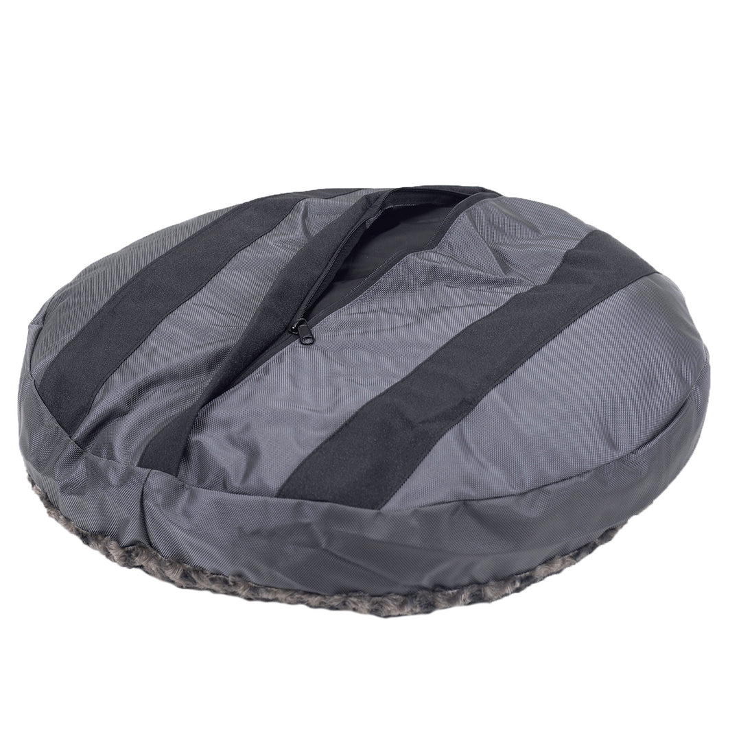 Round bed fuzzy charcoal back side showing grip strips