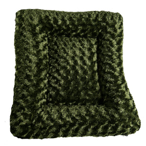 Top view of a bolstered rectangle olive colored fleece dog bed 