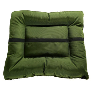 Bottom of bolstered rectangle olive colored  dog bed with black strip