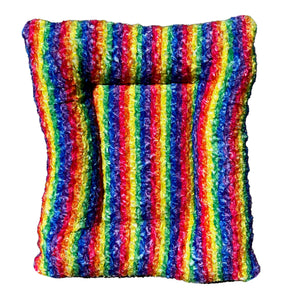 Rainbow striped fleece bolstered rectangle dog bed top view