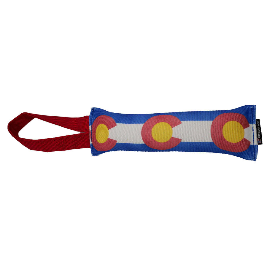 Firehose Tug dog toy with Colorado Flag 'C's repeated and red tug handlle