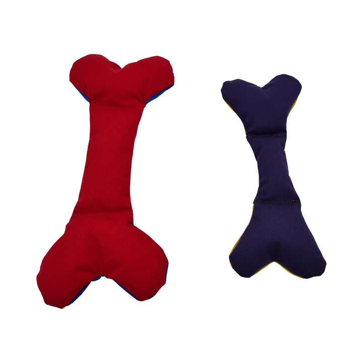 Red/blue large and yellow/purple medium bone toys back side (group shot)