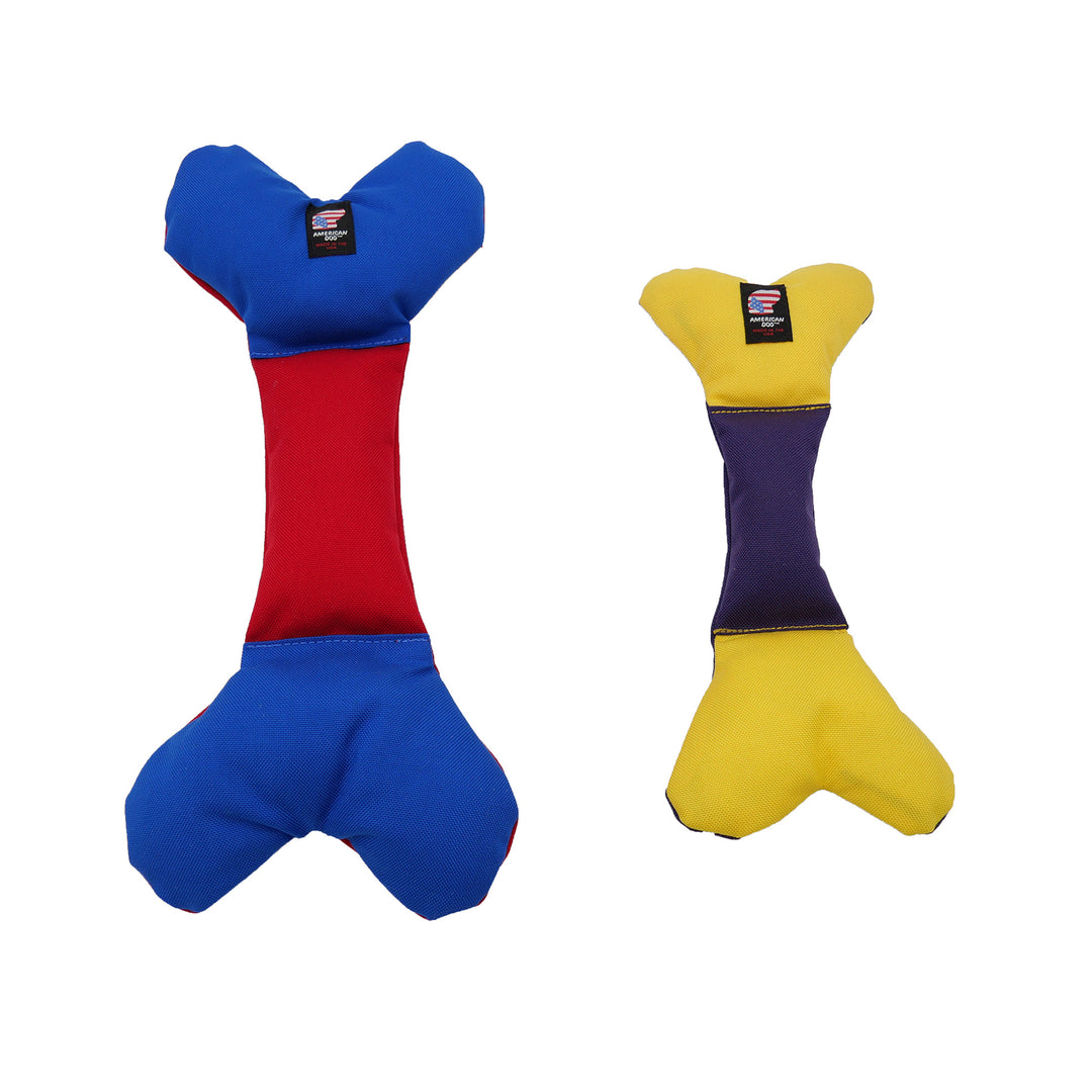 Red/blue large and yellow/purple medium bone toys (group shot)