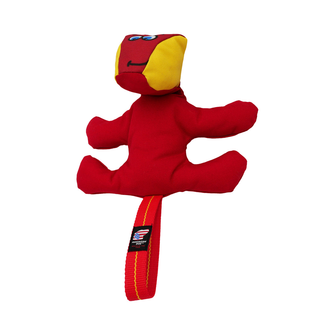 Red and yellow dog toy back side
