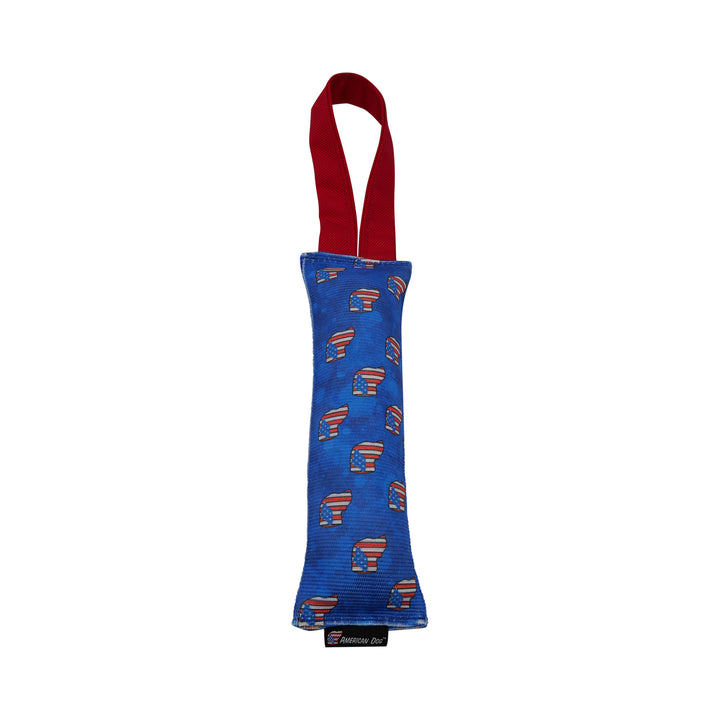 Red, white, and blue dog head firehose dog toys