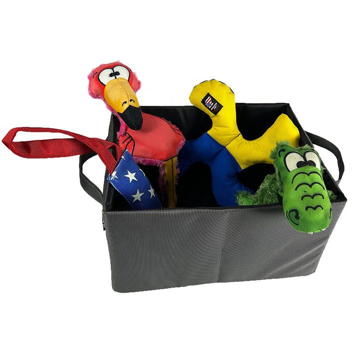 Charcoal toy box with Flora, Lucky Dog star, Fireshose, and Aligator do toys