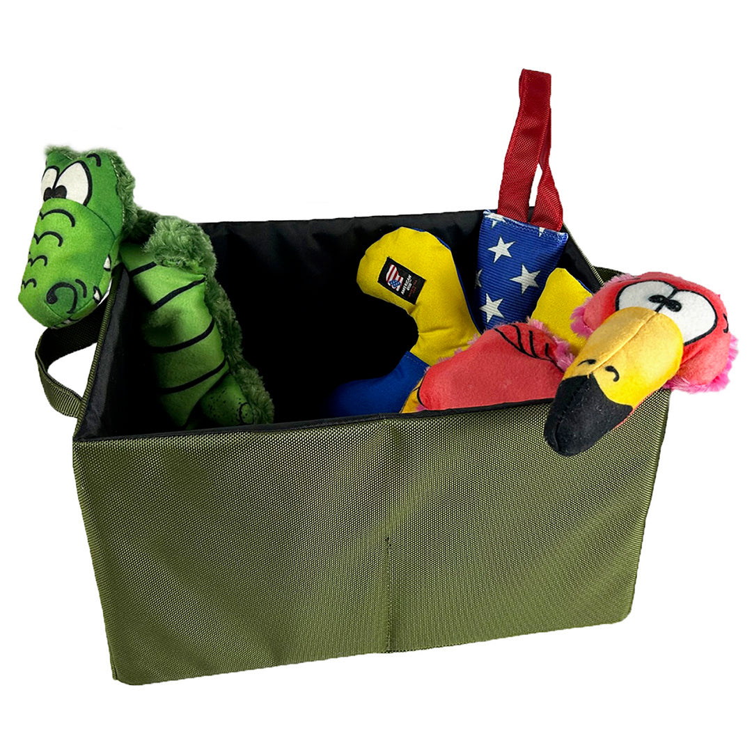 Olive toy box with Flora, Lucky Dog star, Fireshose, and Aligator do toys