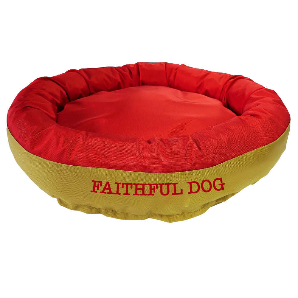 Red and gold round bolstered dog bed with red embroidered 'Faithful Dog'.