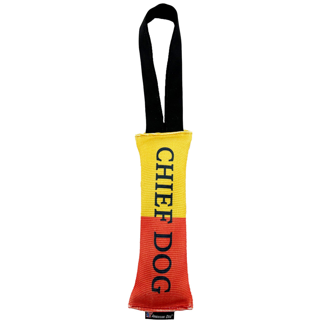 Firehose tug toy red and yellow with Chief Dog on it