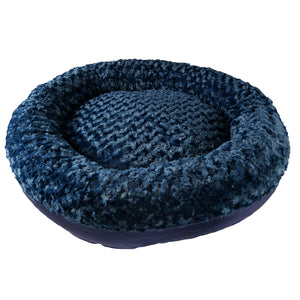 dark blued fuzzy bolstered round dog bed 