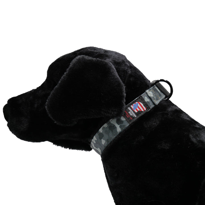 Black dog with gray bone print collar
