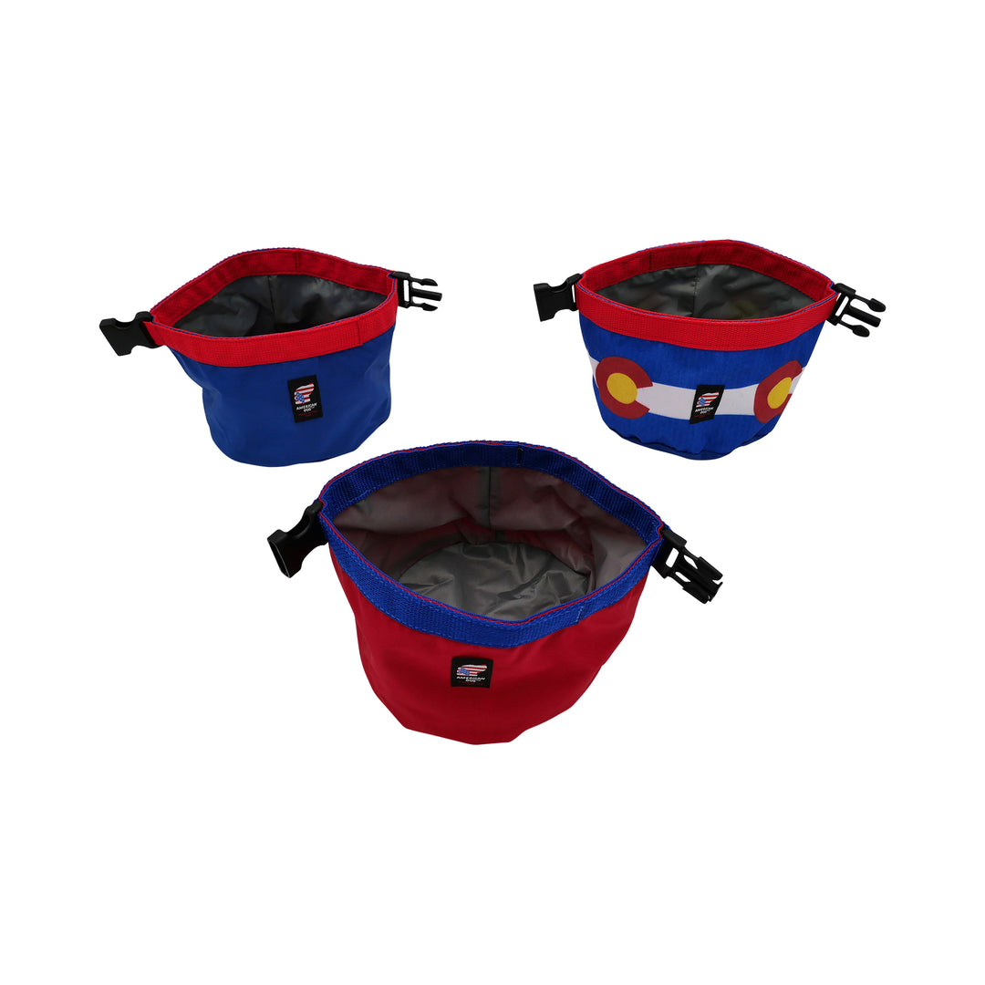 Red, blue, and Colorado print kibble bowls