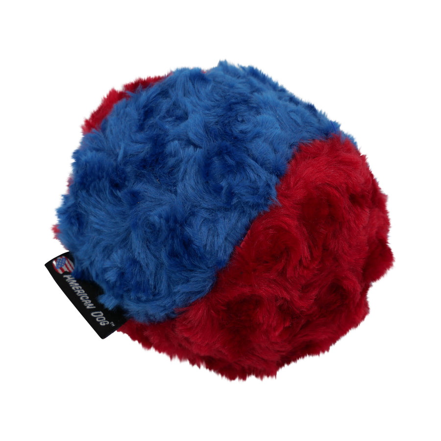 Fuzzy red and blue ball toy