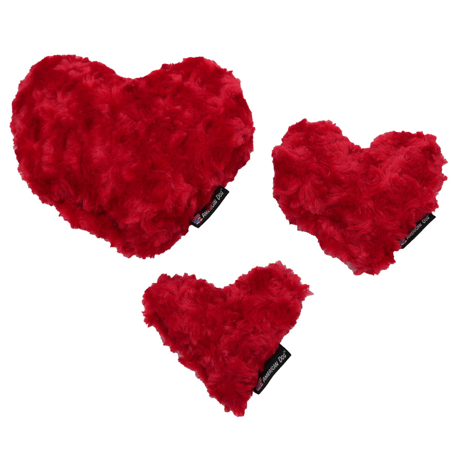 Fuzzy red heart toys large, medium, and small (group shot)