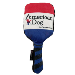 Pickle ball paddle shaped dog toy in red, white & blue and American Dog logo