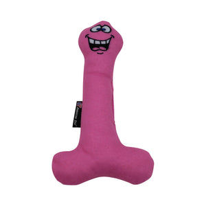 Dog toy in the shape of a penis .  Pink with a cartoon face.  